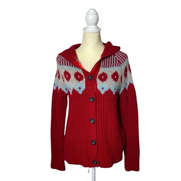 Old Navy Sweaters - Vintage Y2K Old Navy Red Fair Isle Hooded Wool Blend Knit Sweater Women's Size L